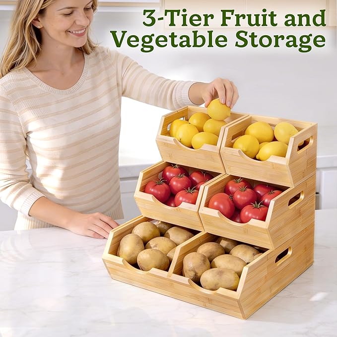 HOMESTEAD 3-Tier Bamboo Pantry Storage Bins – Stackable Potato & Onion Storage Bin with Handles, Fruit Basket & Produce Organizer for Kitchen Countertop, Pantry Organization, Set of 5