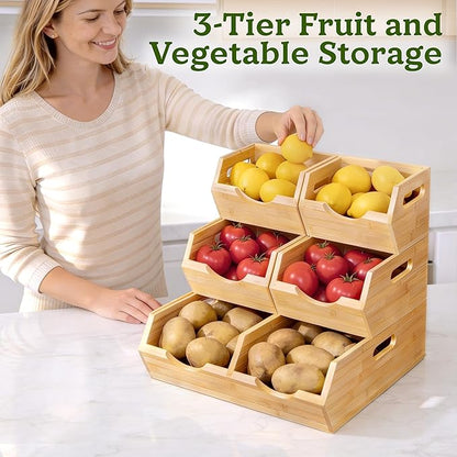 HOMESTEAD 3-Tier Bamboo Pantry Storage Bins – Stackable Potato & Onion Storage Bin with Handles, Fruit Basket & Produce Organizer for Kitchen Countertop, Pantry Organization, Set of 5