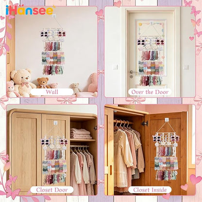 Hair Bow Organizer for Girls, Large Capacity Headband Holder Bow Holder W/ 20 Hooks & 8 Ribbons, Wall Hair Accessory Organizer for Baby Nursery Room Decor(30x14 Inch,Beige)