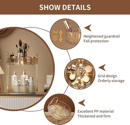 YCIA&DONE Rotating Makeup Organizer for Vanity, Large Capacity Make Up Storage Skin care Shelf Perfume Holders Cosmetic Dresser Organizer Countertop Spinning 360 (Amber Gold, 2Tiers)