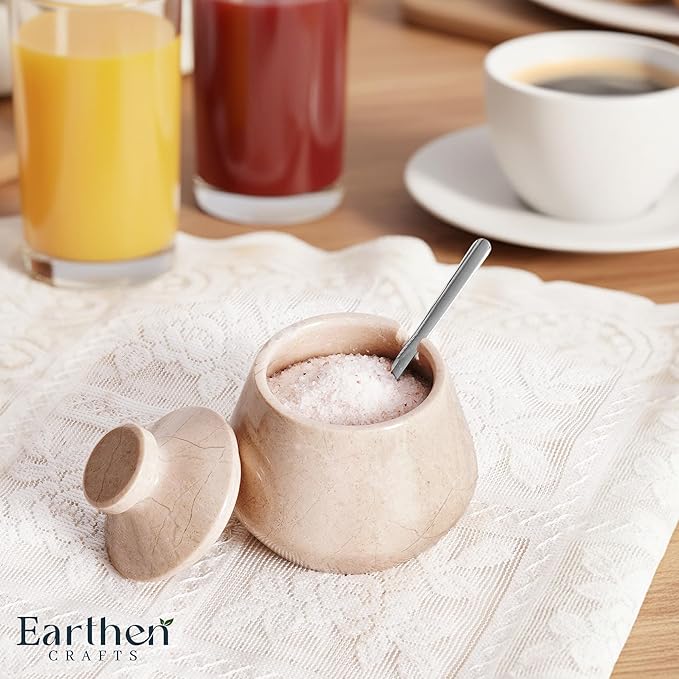 Marble Salt Cellar with Lid 3 Inch Beige Handmade Salt Box, Seasoning Container & Spice Jar with Spoon, Stone Salt Holder for Counter, 3 OZ Capacity, Ideal Mother’s Day Gift, Home Decor
