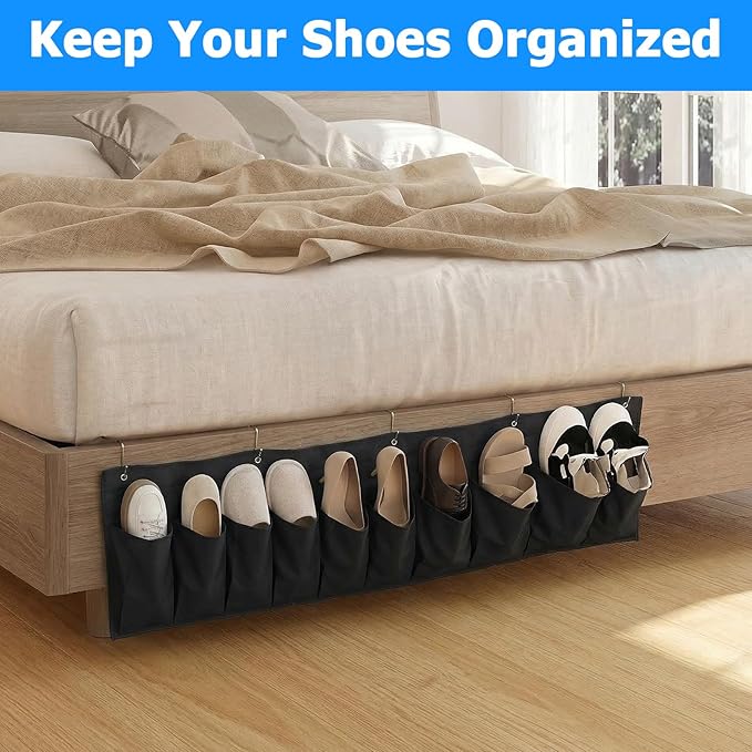 2 Pcs RV Shoe Pockets 10 Pockets, Heavy Hanging Bedside Storage Organizer with Hooks Storage Pocket Hangs on bed for Shoes Toys and Tool Accessories
