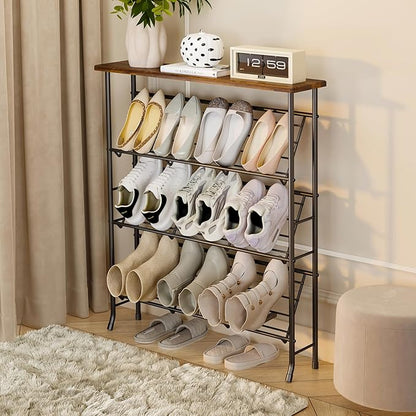 JZM Shoe Rack Storage, Narrow 4 Tier Metal Shoe Storage Shelf, Free Standing Shoe Racks, Space Saving Shoe Rack Organizer for Entryway, Hallway, Bedroom, Living Room(12-16 Pair)