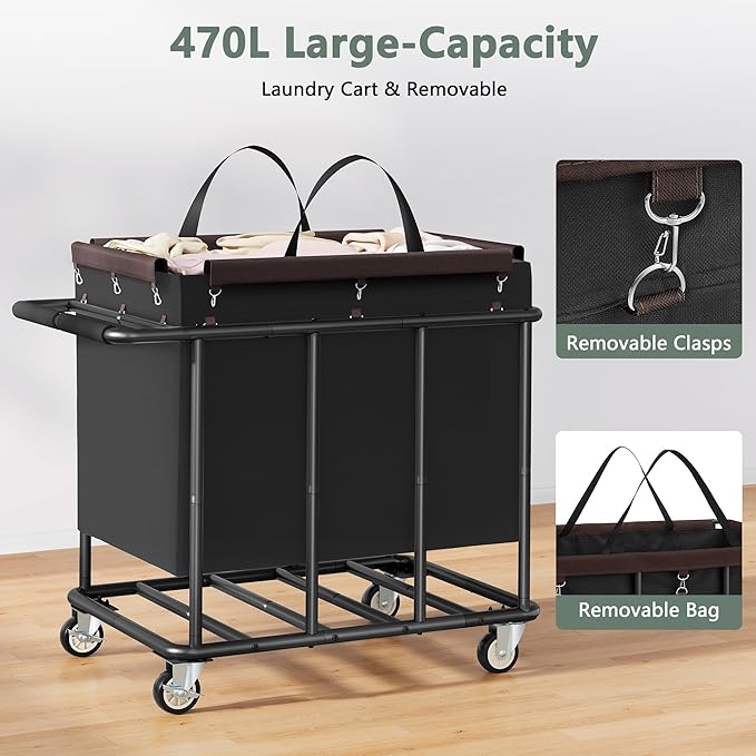 FAVOOSTY 470L Heavy Duty Commercial Laundry Cart with Wheels,Industrial Rolling Laundry Hamper, Extra Large Laundry Basket, Metal Frame for Hotel/Hospital/Home, 440lbs (Black)