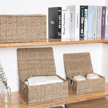 Wicker Storage Baskets with Lid, Hand-Woven Rectangular Wicker Basket with Lid for Bedroom & Living Room, Nesting Rattan Basket with Lid for Shelves (Seagrass, Set of 3）