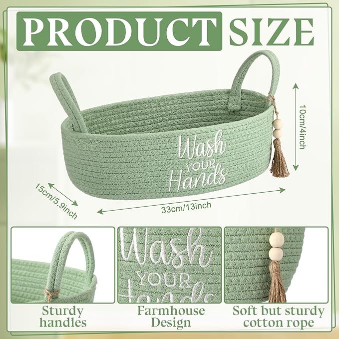 Wash Your Hands Bathroom Decoration Green Cotton Rope Toilet Basket Toilet Paper Holder Basket Rustic Bathroom Organizer Farmhouse Home Decoration Organizing Small Baskets