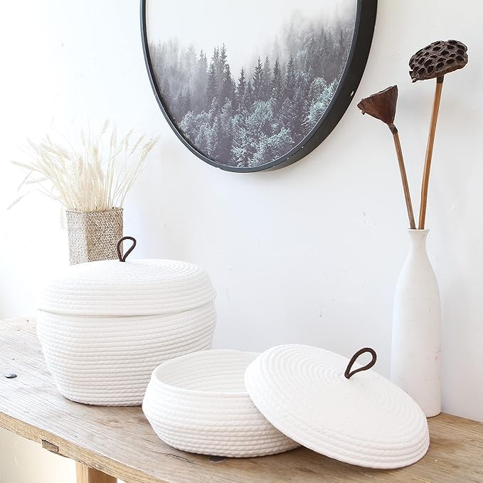 Sea Team Round Cotton Rope Storage Basket with Lid, Decorative Woven Storage Bin, Pot, Caddy, Organizer, Container for Snacks, Towels, Plants, 13 x 5.5 Inches (Large, Shallow, White)