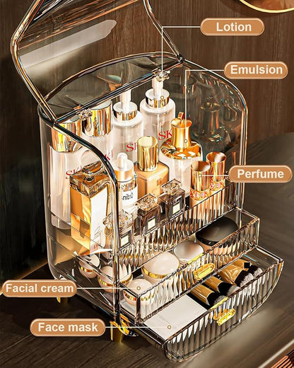 Makeup Organizer, Large Capacity Cosmetics Makeup Organizer for Vanity, Dustproof Waterproof Cosmetics Display Case with Drawers for Skincare, Lipstick, Brushes and Jewelry (Clear)