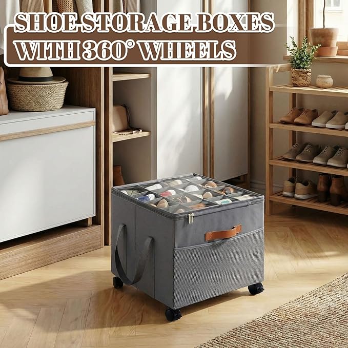AceOrbit Large Rolling Shoe Organizer 360 Degree Wheeled Fits up to 16 Pairs, Storage Box with Brake and Clear Dust Cover, Adjustable Dividers, Protects Shoes from Dust and Moisture