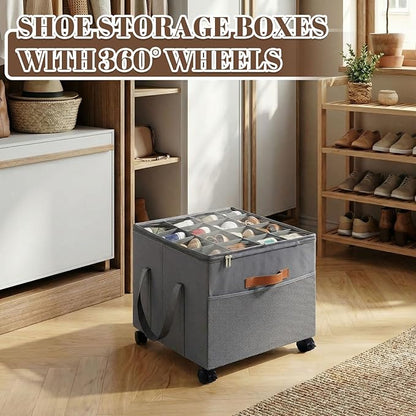 AceOrbit Large Rolling Shoe Organizer 360 Degree Wheeled Fits up to 16 Pairs, Storage Box with Brake and Clear Dust Cover, Adjustable Dividers, Protects Shoes from Dust and Moisture