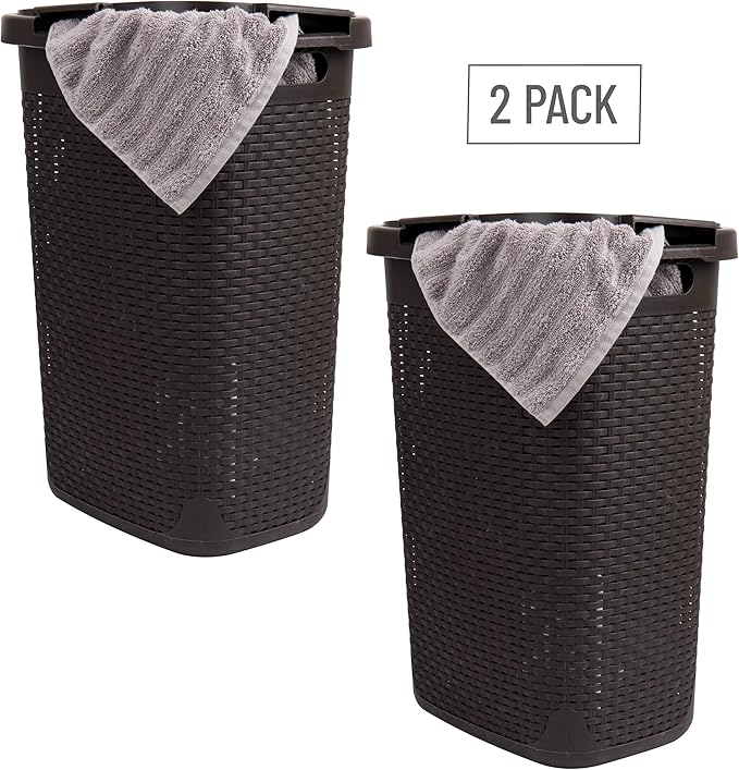 Mind Reader Slim Laundry Hamper with Lid, 60L Tall Clothes Basket, Narrow Tapered Design for Bathrooms, Closets and Laundry Rooms, Plastic, 2 Pack, Brown