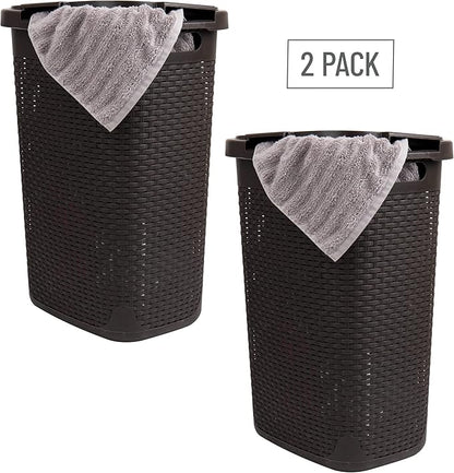 Mind Reader Slim Laundry Hamper with Lid, 60L Tall Clothes Basket, Narrow Tapered Design for Bathrooms, Closets and Laundry Rooms, Plastic, 2 Pack, Brown