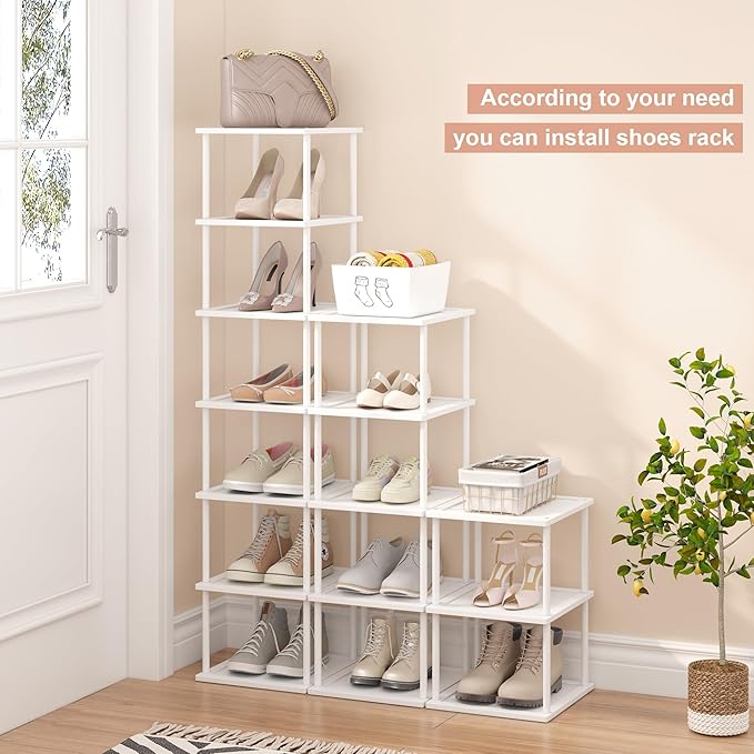 MHXW SXPN Bamboo Free Standing Shoe Rack Shelf Multi Tier Tall Wooden Stackable Shoes Rack Organizer for Closet Front Door Entrance Narrow Vertical Shoe Storage (White, 7 Tiers)
