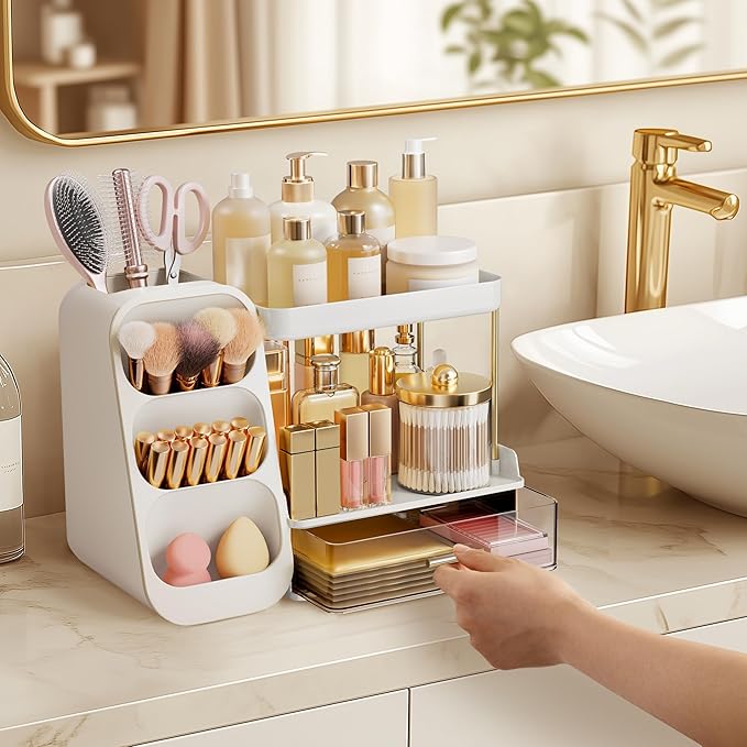 HBlife Bathroom Organizers and Storage with Brush Holder for Vanity, 3 Tier Plastic Makeup Organizer for Dresser Counter, Skincare, Lipstick, Perfume, and Cosmetic Storage