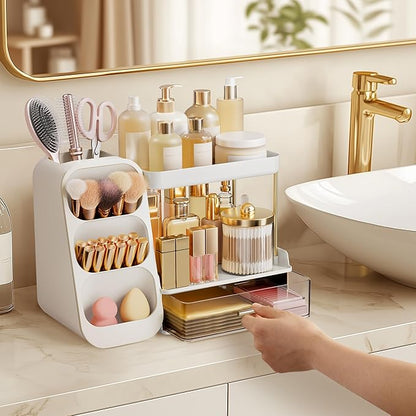 HBlife Bathroom Organizers and Storage with Brush Holder for Vanity, 3 Tier Plastic Makeup Organizer for Dresser Counter, Skincare, Lipstick, Perfume, and Cosmetic Storage