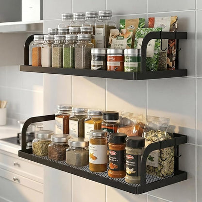 PUSDON 2-Pack 16.5" Extra Long Slim Hollowout Shower Caddy, Wall Mount Spice Rack & Bathroom Organizer, Mesh Bottom Cabinet Door Shelf Holds 50LBS - Matte Black, Hollowout