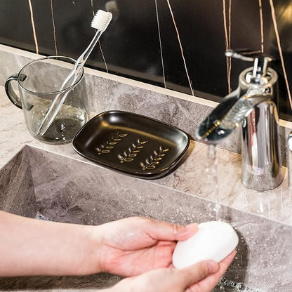 Soap Dish Soap Holder Shower, Ceramic Soap Dishes for Large Bar Soap Sponge, Shower Soap Dish Soap Saver Tray for Bathroom Kitchen Sink, Elegant Raised Leaf Design, Easy Dishwasher Cleaning, Black