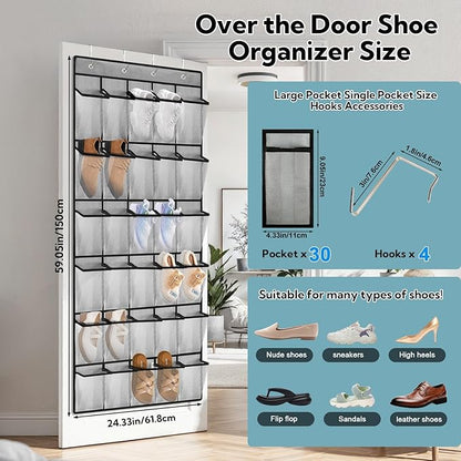 VZZNN 2-Pack Over Door Shoe Rack, 30 Compartment Breathable Mesh Hanging Organizer for Closet (Gray)
