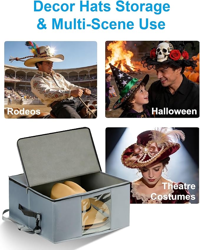 Large Cowboy Hat Storage Box with All Around Hardboard Support, Stackable, Crush-Proof, Dust-Proof Hat Carrying Case for Home & Travel, Rigid Hat Carrier Fits Up to 16" Wide Brim Hats, Grey