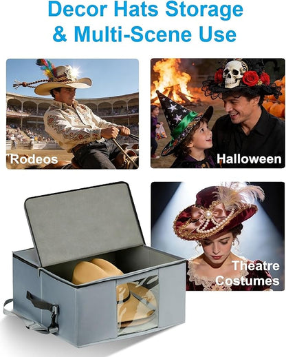 Large Cowboy Hat Storage Box with All Around Hardboard Support, Stackable, Crush-Proof, Dust-Proof Hat Carrying Case for Home & Travel, Rigid Hat Carrier Fits Up to 16" Wide Brim Hats, Grey