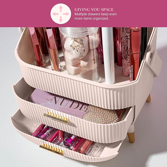 Paris Hilton Makeup Storage Organizer with Lid, Cosmetics and Skincare Organizer for Vanity, Portable Makeup Storage Box for Countertop, Fluted Design with Gold Accents, Pink