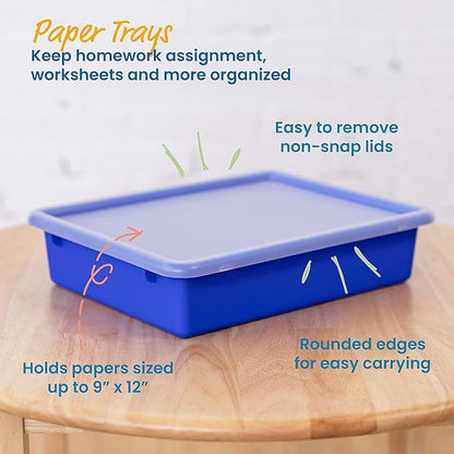 ECR4Kids Letter Size Plastic Tray Organizer with Lids, Small, Storage Bins, Blue, 10-Piece