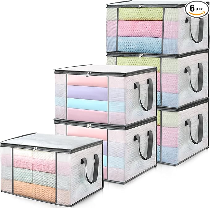 LANDNEOO 6-Pack Clothes Storage Bags, Plastic Foldable Blanket Storage bins, Closet Organizer Container for Bedroom, Bedding, Comforters, Pillows, and Clothing - 60L with Handles