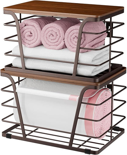 TIDIIABODE Extra Large 2 Pack Potato and Onion Storage Bins,Stackable Storage Pantry Organizers, Kitchen Storage Bins for Potato and Onion, Wall Mount Trash Bag Holder with Bamboo Top, Brown