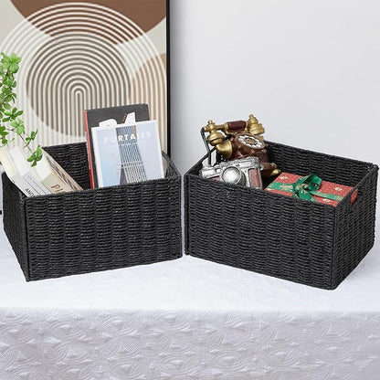 Vagusicc Wicker Storage Basket, Set of 2 Hand-Woven Paper Rope Wicker Basket, Small Storage Baskets for Organizing Toilet Paper Basket, Foldable Large Cube Storage Organizer Bins for Shelves (Black)