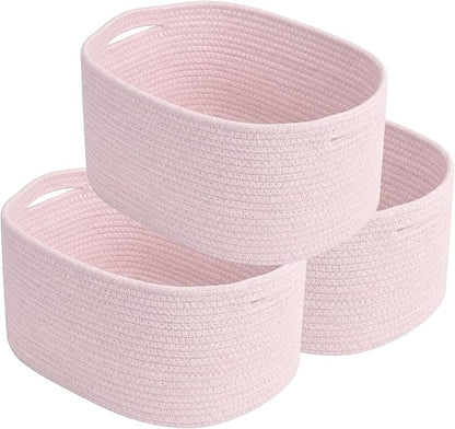 ECDYQXVU Cotton Rope Storage Basket, 15x10x9 Inches, Woven Basket for Shelves, Clothes, Towels, Books, and Laundry, Light Pink (3 Pack)