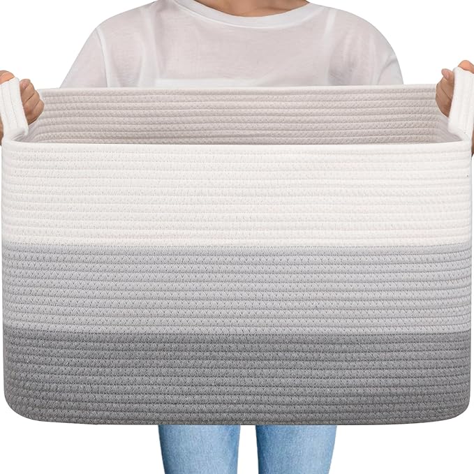 OIAHOMY Large Blanket Basket, 65L Cotton Rope Woven Laundry Basket, Toy Bin for Baby Room, Container for Blanket Storage in Living Room, 20''×16''×12'', Gradient Grey