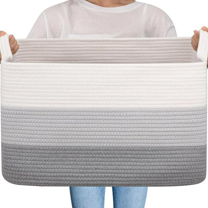 OIAHOMY Large Blanket Basket, 65L Cotton Rope Woven Laundry Basket, Toy Bin for Baby Room, Container for Blanket Storage in Living Room, 20''×16''×12'', Gradient Grey