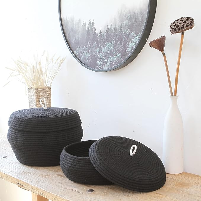 Sea Team Round Cotton Rope Storage Basket with Lid, Decorative Woven Storage Bin, Pot, Caddy, Organizer, Container for Snacks, Towels, Plants, 13 x 9 Inches (Large, Black)
