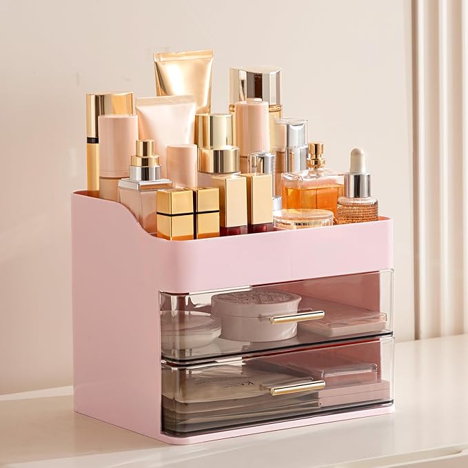 HBlife Makeup Organizer for Vanity with 2 Drawers, Large Plastic Bathroom Countertop Cosmetics Organizer Skin Care Storage, Easy to Store Lipsticks, Nail Polishes, Perfumes, Eyeshadow Palettes, Pink