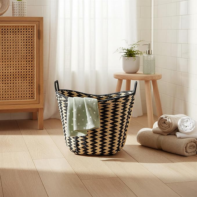 Household Essentials Zigzag Woven Paper Rope Basket, Black and Natural