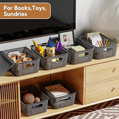 8 Pcs Plastic Storage Baskets with Plastic Lids and Labels 5.29qt Stackable Box Basket Pantry Decorative Containers, Small Storage Bins for Desktop Organizing Shelves Drawers Cabinets 10*7.2*4.1"