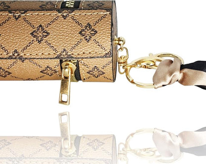 Mini mouth red envelope, luxurious portable makeup box, vintage pattern keychain, with scarf, light brown