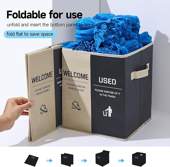 Foldable Shoe Cover Box Dispenser Storage Box Storage Bin Holder with Used Shoe Covers and Welcome Please or Remove Sign for Open House Supplies (Beige, Gray)