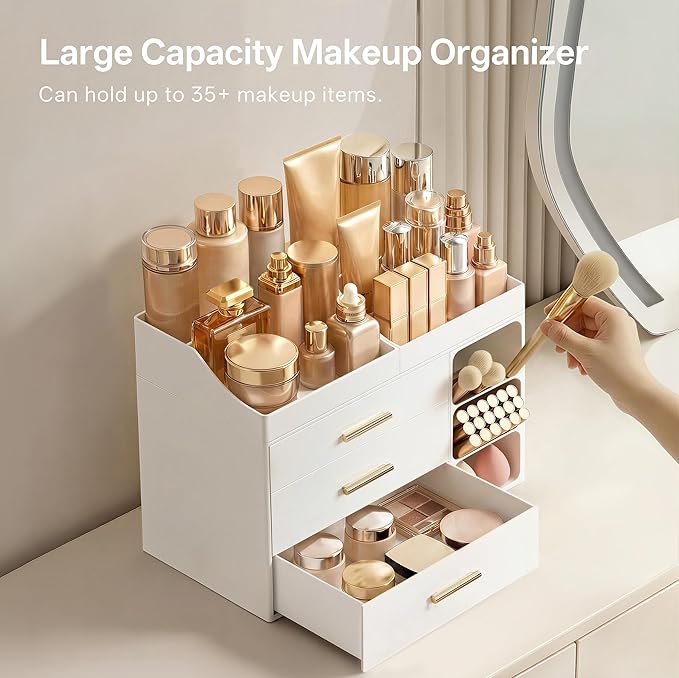 HBlife Makeup Organizer Countertop with Brush Holder,Large Bathroom Counter Organizer with Drawers,Skincare Organizers for Vanity,Plastic Dresser Organizer Storage Gift for Women Girl Mom,All White