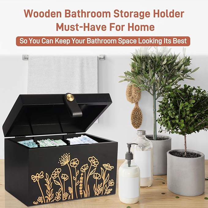 100% Solid Wood Tampon Holder Box with Lid, Copper Leather Pull, Absolute Real Wood Bathroom Decorative Box for Feminine Product Storage and Accessories such as Tampons, Cotton Balls, Gifts for Women
