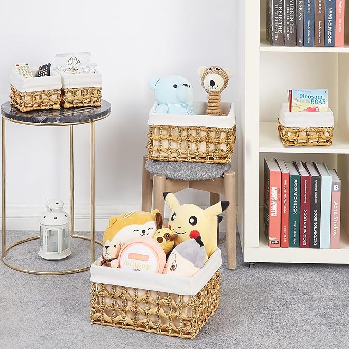Vagusicc Wicker Storage Basket, 6 Pack Baskets for Organizing, Water Hyacinth Storage Baskets, Rectangular Wicker Baskets for Storage Shelves, Cube Storage Bins For Closet/Clothes/Dresser