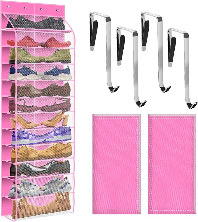 PAULONE 12 Pocket Over the Door Shoe Organizer,Reusable Breathable Large Mesh Bag Men's & Women's Sneaker Organizer,Shoe Organizer for Kids,Hanging Shoe Storage Hanging Bag (Pink)