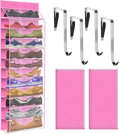 PAULONE 12 Pocket Over the Door Shoe Organizer,Reusable Breathable Large Mesh Bag Men's & Women's Sneaker Organizer,Shoe Organizer for Kids,Hanging Shoe Storage Hanging Bag (Pink)