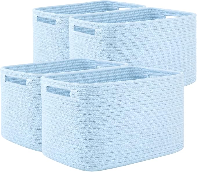 OIAHOMY 4 Pack Storage Baskets for Organizing, Cube Storage Bins for Shelves, Rectangle Storage Baskets With Handles, Woven Baskets for Storage, 12.7''Lx9''Wx7.8''H, Light Blue