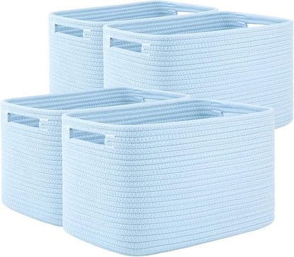 OIAHOMY 4 Pack Storage Baskets for Organizing, Cube Storage Bins for Shelves, Rectangle Storage Baskets With Handles, Woven Baskets for Storage, 12.7''Lx9''Wx7.8''H, Light Blue
