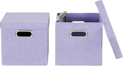 Household Essentials 814-1 Café Cube Bin Storage Set with Lids and Handles | 2 Pack, Purple Linen