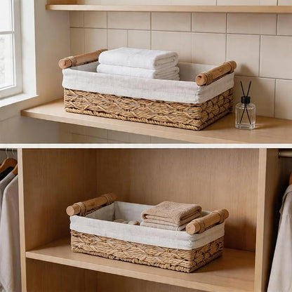 Wicker Bathroom Baskets Set of 2 with Linen Liner & Wooden Handles – Paper Rope Storage Baskets for Shelves, Bathroom Counter, Vanity & Farmhouse Décor