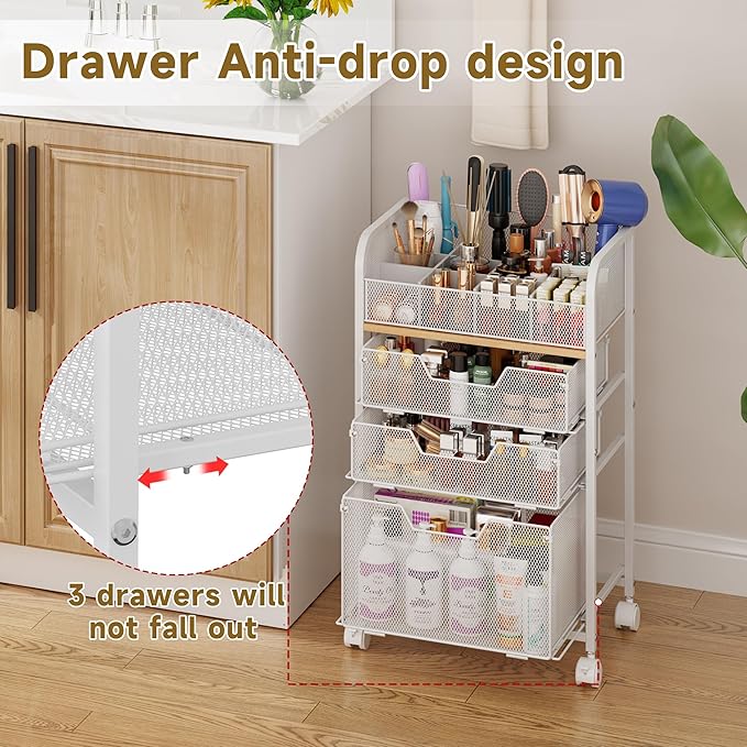 Jakyitvi Makeup Cart Organizer with 3 Drawers, Under Desk Storage Drawers,Floor Skincare & Makeup Organizer, Vanity Storage for Cosmetics, Nail Polish, Perfume, Makeup Brushes, Hair Tools, White