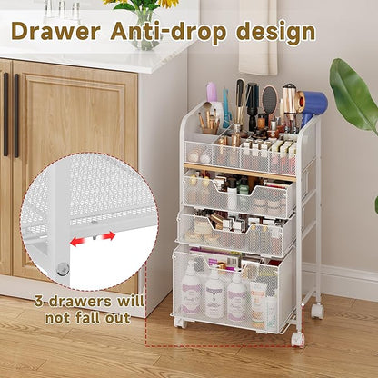 Jakyitvi Makeup Cart Organizer with 3 Drawers, Under Desk Storage Drawers,Floor Skincare & Makeup Organizer, Vanity Storage for Cosmetics, Nail Polish, Perfume, Makeup Brushes, Hair Tools, White
