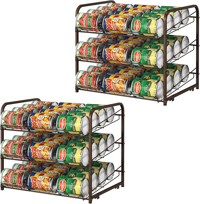 Shinoske Can Organizer for Pantry 2 Pack,3-Tier Stackable Can Organizer 2 in 1 Can Rack,72 Dispenser Holder Canned Food Organizer for Pantry Kitchen Countertop Storage,Brown